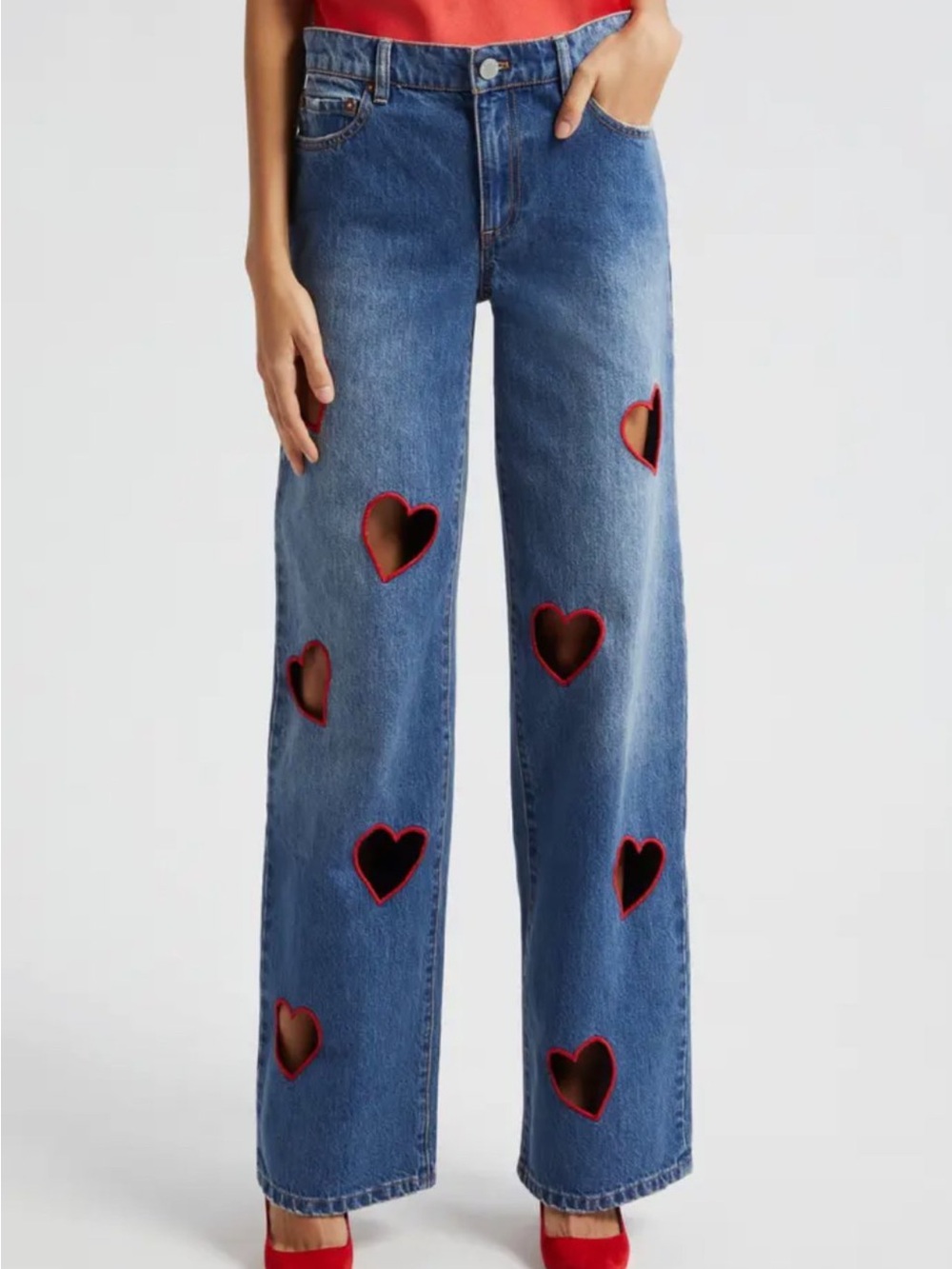 Light Wash Women's Wide Leg Jeans with Red Heart Cut outs.